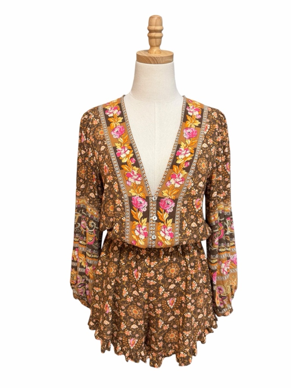 SPELL Madame Peacock Romper Coffee Floral Size Small - Picture 2 of 12